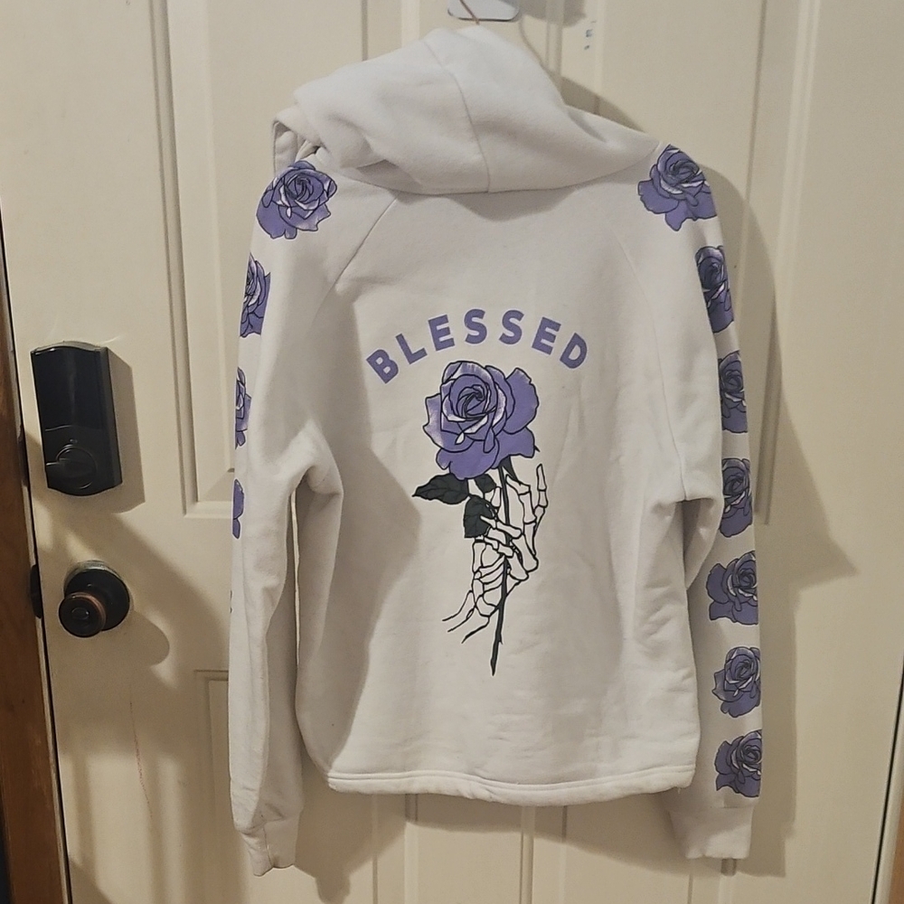 White Hoodie with Purple Rose And Skeleton Hand